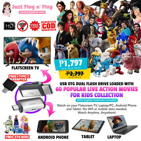 USB OTG Dual Flash Drive Loaded with 60 Popular Live Action Movies For Kids Collection