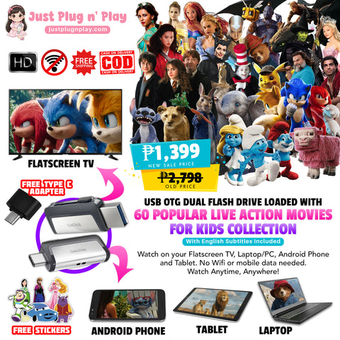 USB OTG Dual Flash Drive Loaded with 60 Popular Live Action Movies For Kids Collection