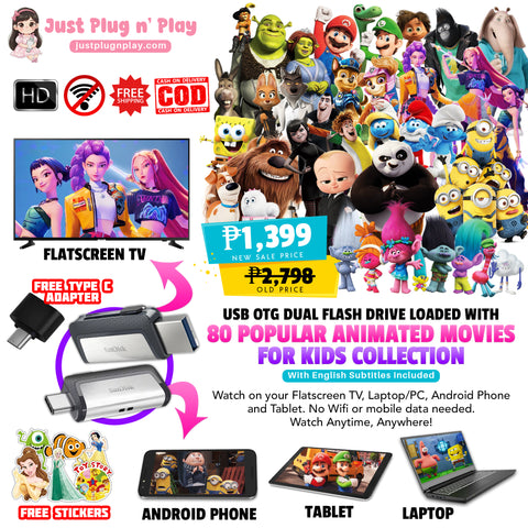 USB OTG Dual Flash Drive Loaded with 80 Popular Animated Movies For Kids Collection