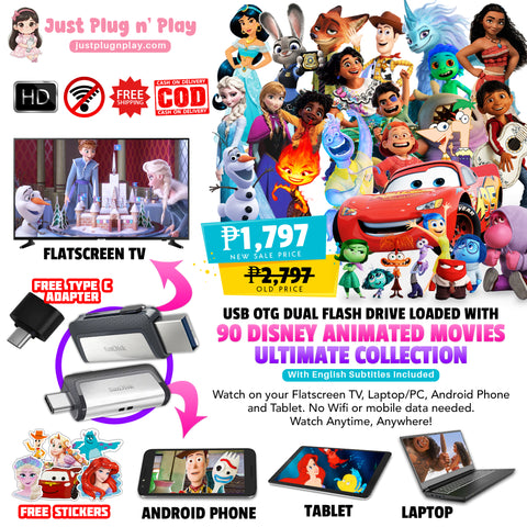 USB OTG Dual Flash Drive Loaded with 90 Disney Animated Movies Ultimate Collection