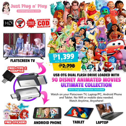USB OTG Dual Flash Drive Loaded with 90 Disney Animated Movies Ultimate Collection